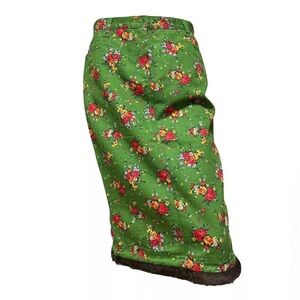 Dolce & Gabanna Fall 1990s Green Multi Floral Print Fur Trim Midi Skirt Sz 30/44